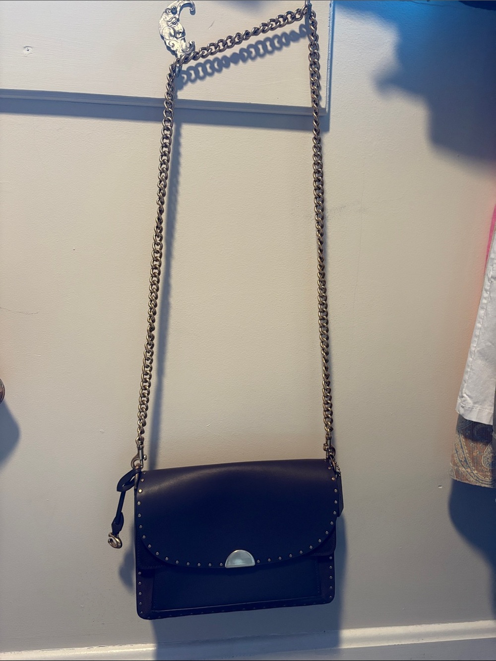 Coach Chocolate Leather Crossbody with Gold Chain Strap & Stud Trim